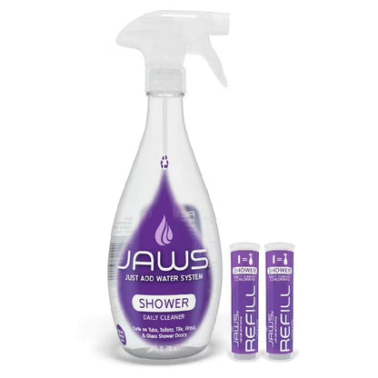 JAWS Cleaner Shower Cleaner Bottle with 2 Refill Pods. Refillable Cleaning Supplies.