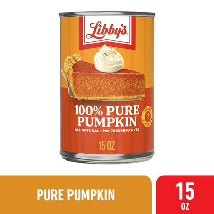 Libby's 100% Pure Pumpkin, All Natural Gluten Free Canned Pumpkin Puree Filling for Baking Pumpkin Pie Dessert, 15 oz Can