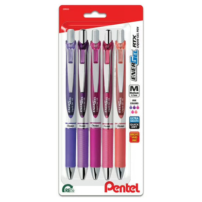 Pentel EnerGel RTX Liquid Ink Gel Pens, Passion Hue Barrels, Medium Point, 0.7mm, Assorted Ink, Pack of 5 Pens