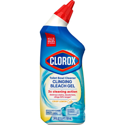 Clorox Toilet Bowl Cleaner Clinging Bleach Gel, Crisp Lemon, 24 fl oz