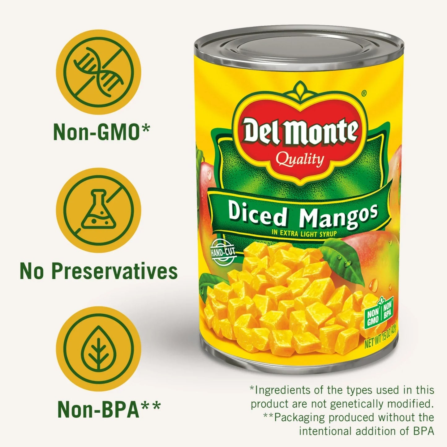 Del Monte Diced Mango in Extra Light Syrup, Canned Fruit, 15 oz Can