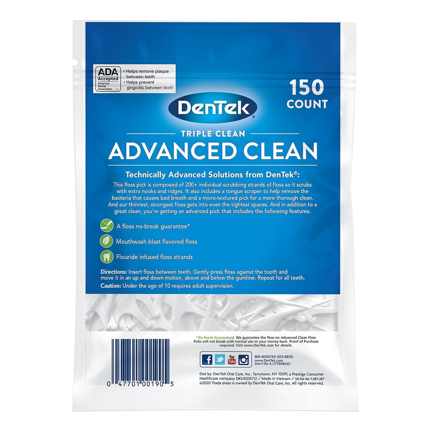 Triple Clean Advanced Clean Floss Picks, No Break & No Shred Floss, 150 Count, (Packaging May Vary)