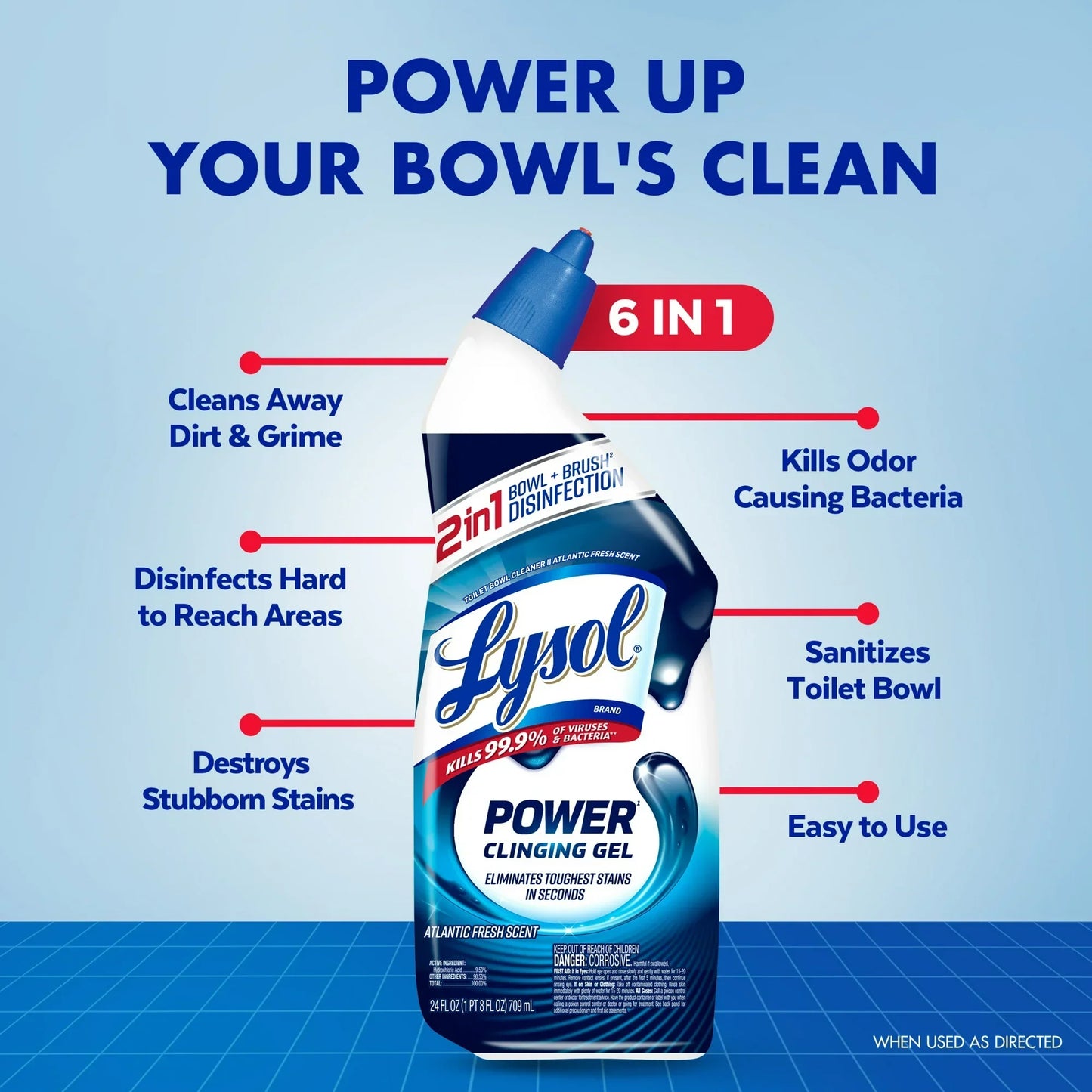 Lysol Power Toilet Bowl Cleaner Gels, Atlantic Fresh, 24 fl oz