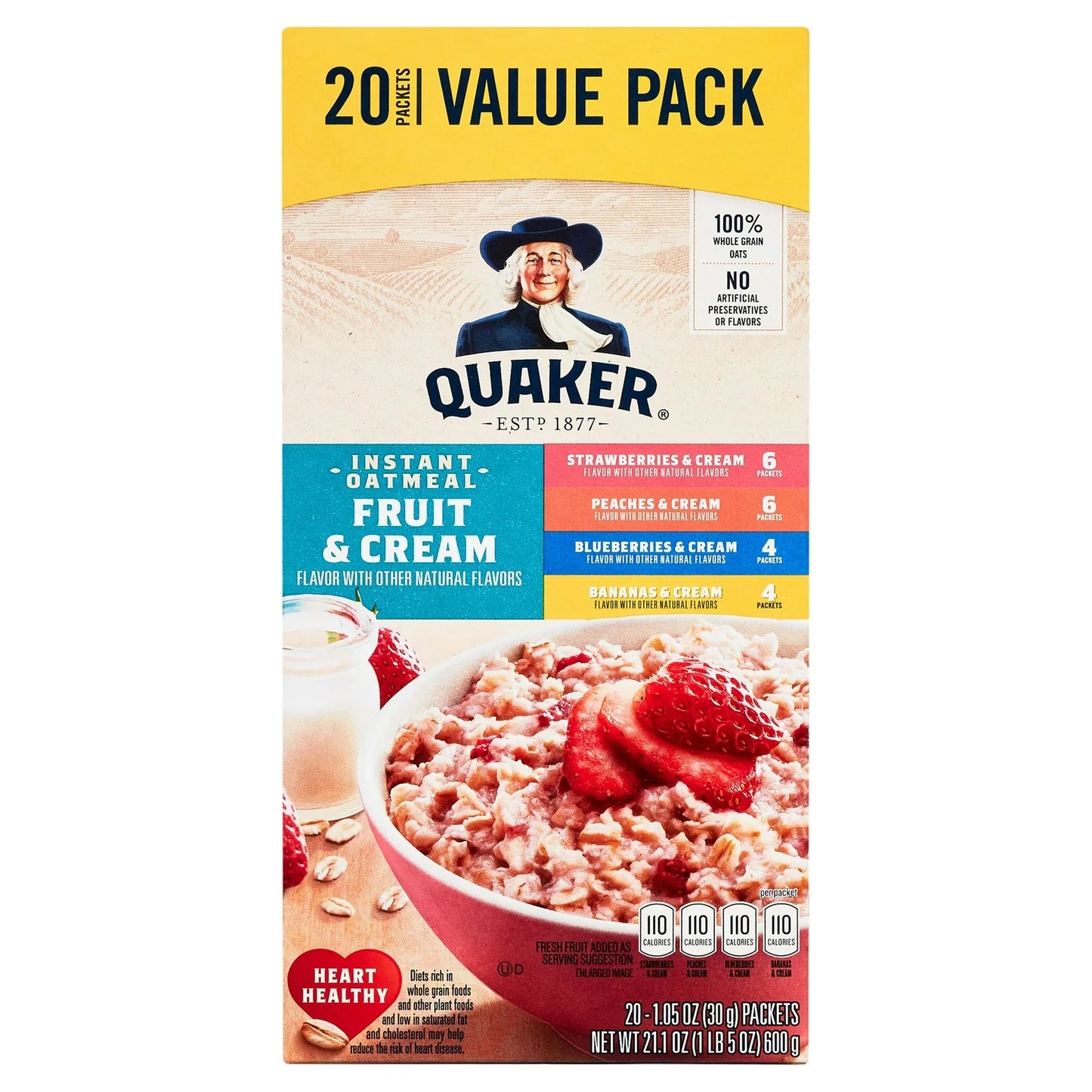 Quaker Instant Oatmeal, Fruit & Cream Variety Pack, 20 Packets