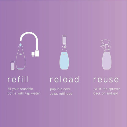 JAWS Cleaner Shower Cleaner Bottle with 2 Refill Pods. Refillable Cleaning Supplies.