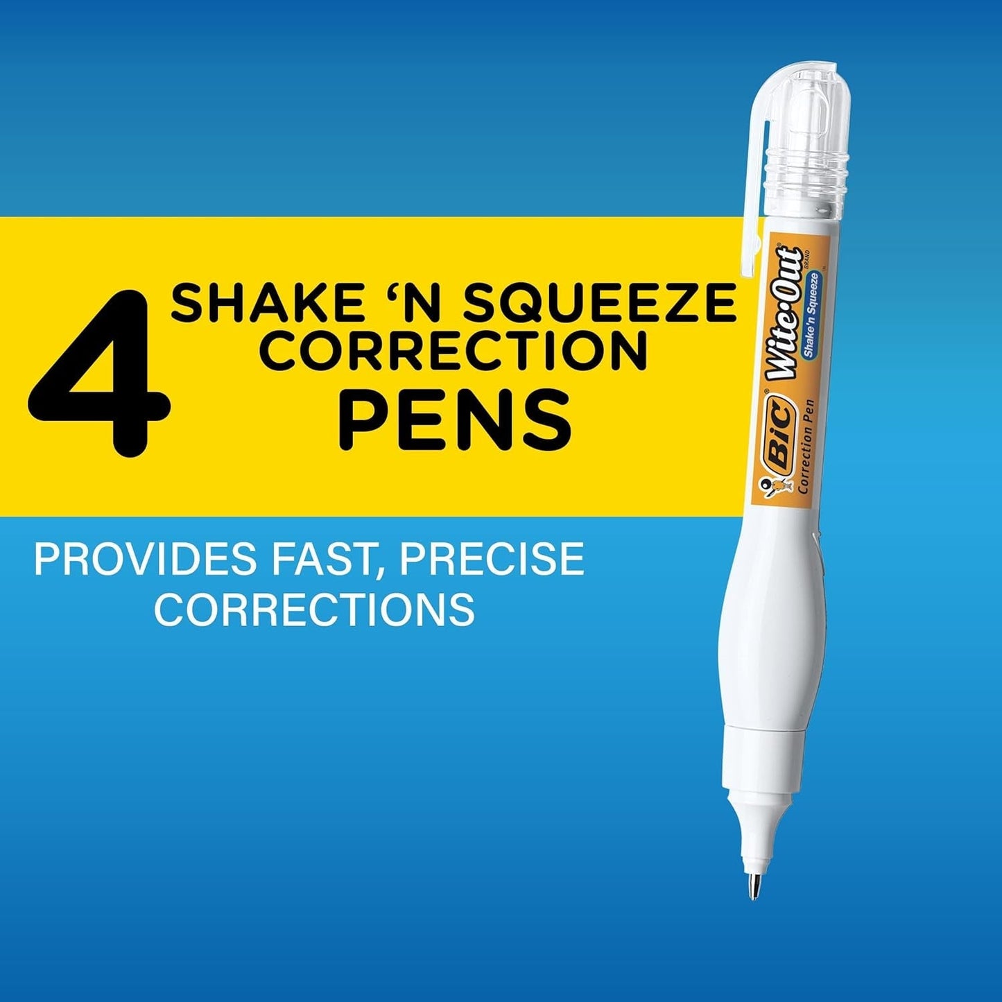 Wite-Out Brand Shake 'N Squeeze Correction Pen, 8 ML Correction Fluid, 4-Count Pack of White Correction Pens, Fast, Clean and Easy to Use Pen Office or School Supplies