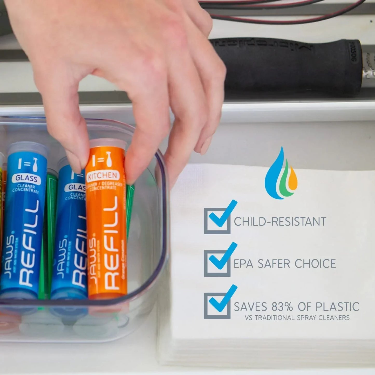 JAWS Cleaner Shower Cleaner Bottle with 2 Refill Pods. Refillable Cleaning Supplies.