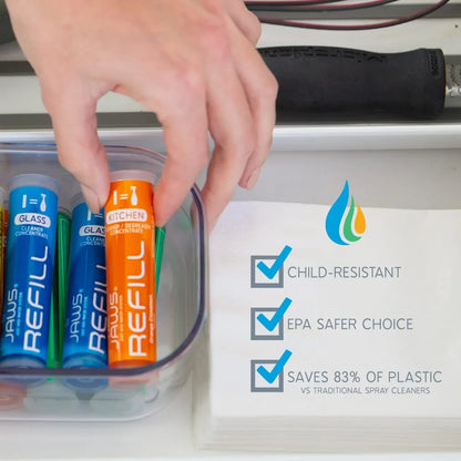 JAWS Cleaner Shower Cleaner Bottle with 2 Refill Pods. Refillable Cleaning Supplies.