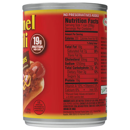 HORMEL Chili, Beef and Pork, No Beans Canned Chili, No Artificial Ingredients, Shelf-Stable, 10.5 oz Steel Can