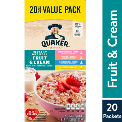 Quaker Instant Oatmeal, Fruit & Cream Variety Pack, 20 Packets