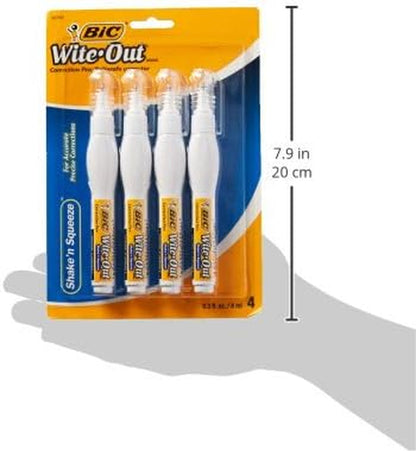 Wite-Out Brand Shake 'N Squeeze Correction Pen, 8 ML Correction Fluid, 4-Count Pack of White Correction Pens, Fast, Clean and Easy to Use Pen Office or School Supplies