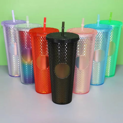 Diamond Pattern Double Layer Plastic Straw Cup with Gradient Color for Outdoor Travel Sports Drinkware Camping Gifts New