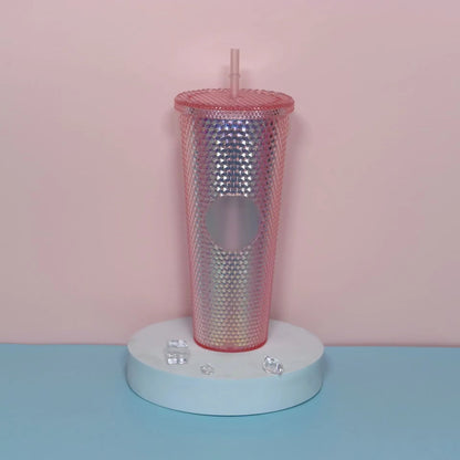 Diamond Pattern Double Layer Plastic Straw Cup with Gradient Color for Outdoor Travel Sports Drinkware Camping Gifts New