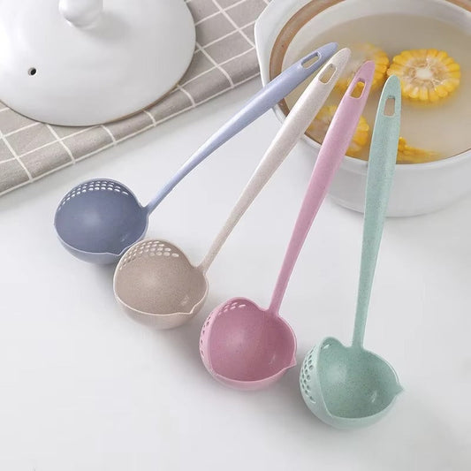 2 in 1 Soup Spoon Wheat Straw Long Handle Soup Spoon Straining Ladle Soup Pan Spoon with Filter Strainer Kitchen Utensils
