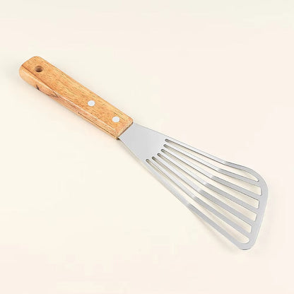 1PC Stainless Steel Fish Frying Shovel with Wooden Handle Fan-shaped Shovel Household High-temperature Frying Shovel