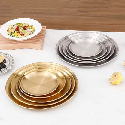 Korean Stainless Steel Thickened Barbecue Disc Golden Silver Cafe Tray Fruit Plate Cake Plate Bone Dish Shallow Plate