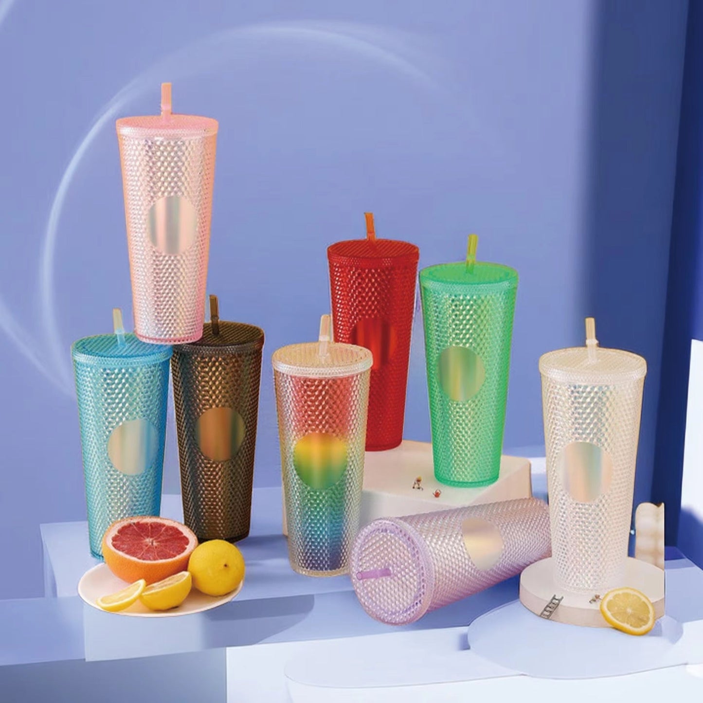 Diamond Pattern Double Layer Plastic Straw Cup with Gradient Color for Outdoor Travel Sports Drinkware Camping Gifts New