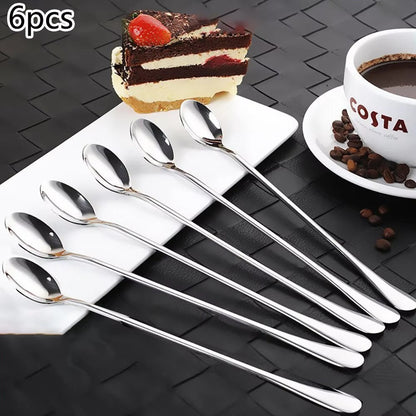 6PC Stainless Steel Coffee Spoon Long Handle Ice Cream Dessert Tea Spoon 19.5x2.8cm For Picnic Drinkware Tableware KitchenSupply