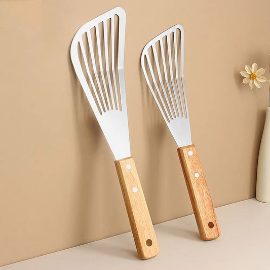 1PC Stainless Steel Fish Frying Shovel with Wooden Handle Fan-shaped Shovel Household High-temperature Frying Shovel