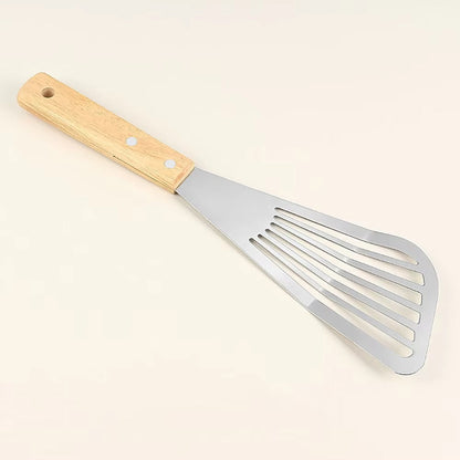 1PC Stainless Steel Fish Frying Shovel with Wooden Handle Fan-shaped Shovel Household High-temperature Frying Shovel