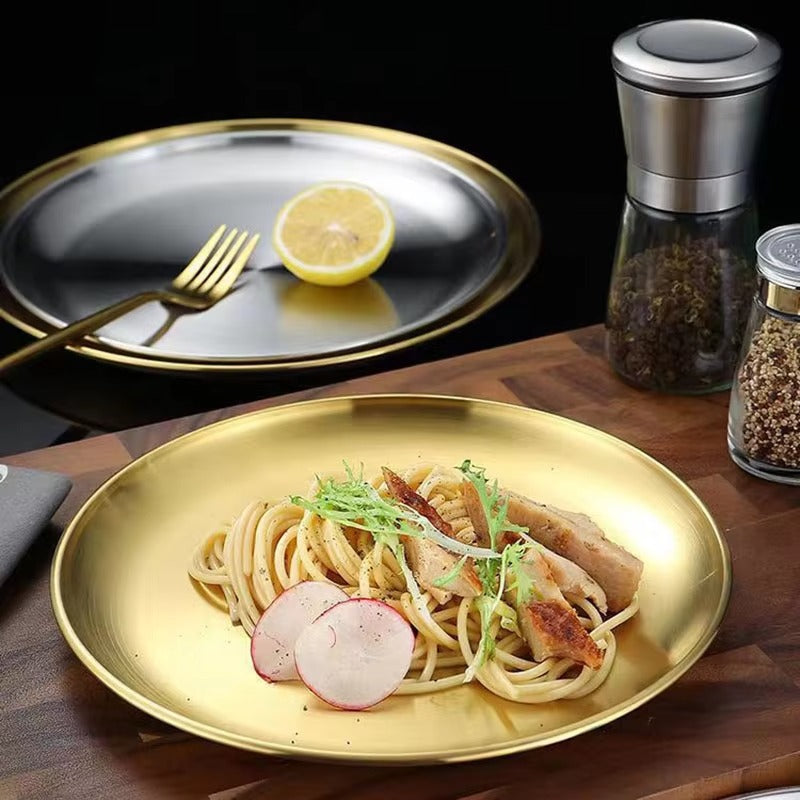 Korean Stainless Steel Thickened Barbecue Disc Golden Silver Cafe Tray Fruit Plate Cake Plate Bone Dish Shallow Plate