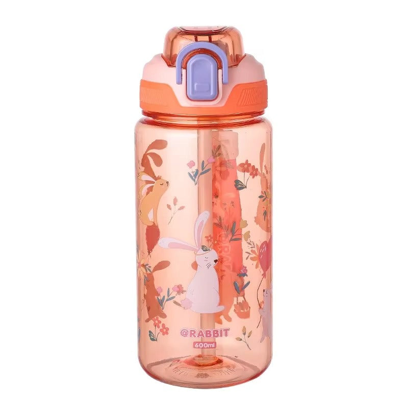 600ml Cute Water Bottle with Silicone Straw Leakproof Dinosaur Rabbit Design