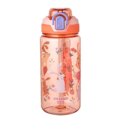 600ml Cute Water Bottle with Silicone Straw Leakproof Dinosaur Rabbit Design