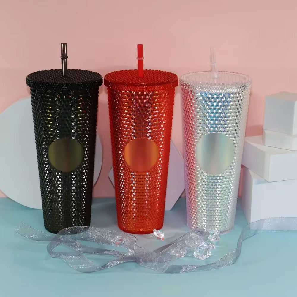 Diamond Pattern Double Layer Plastic Straw Cup with Gradient Color for Outdoor Travel Sports Drinkware Camping Gifts New