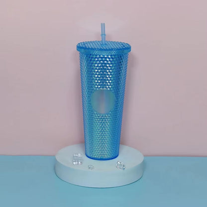 Diamond Pattern Double Layer Plastic Straw Cup with Gradient Color for Outdoor Travel Sports Drinkware Camping Gifts New