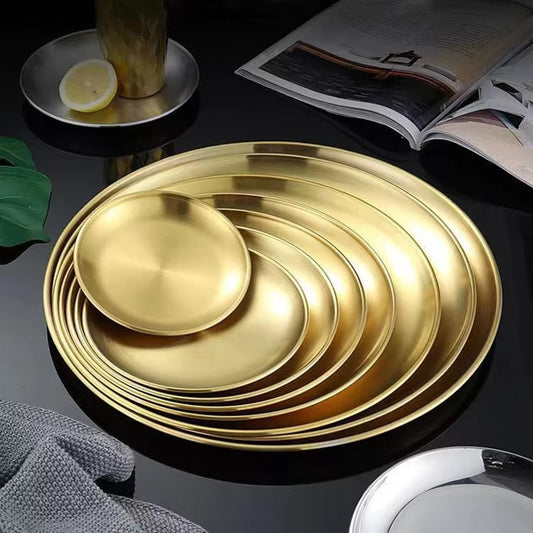 Korean Stainless Steel Thickened Barbecue Disc Golden Silver Cafe Tray Fruit Plate Cake Plate Bone Dish Shallow Plate