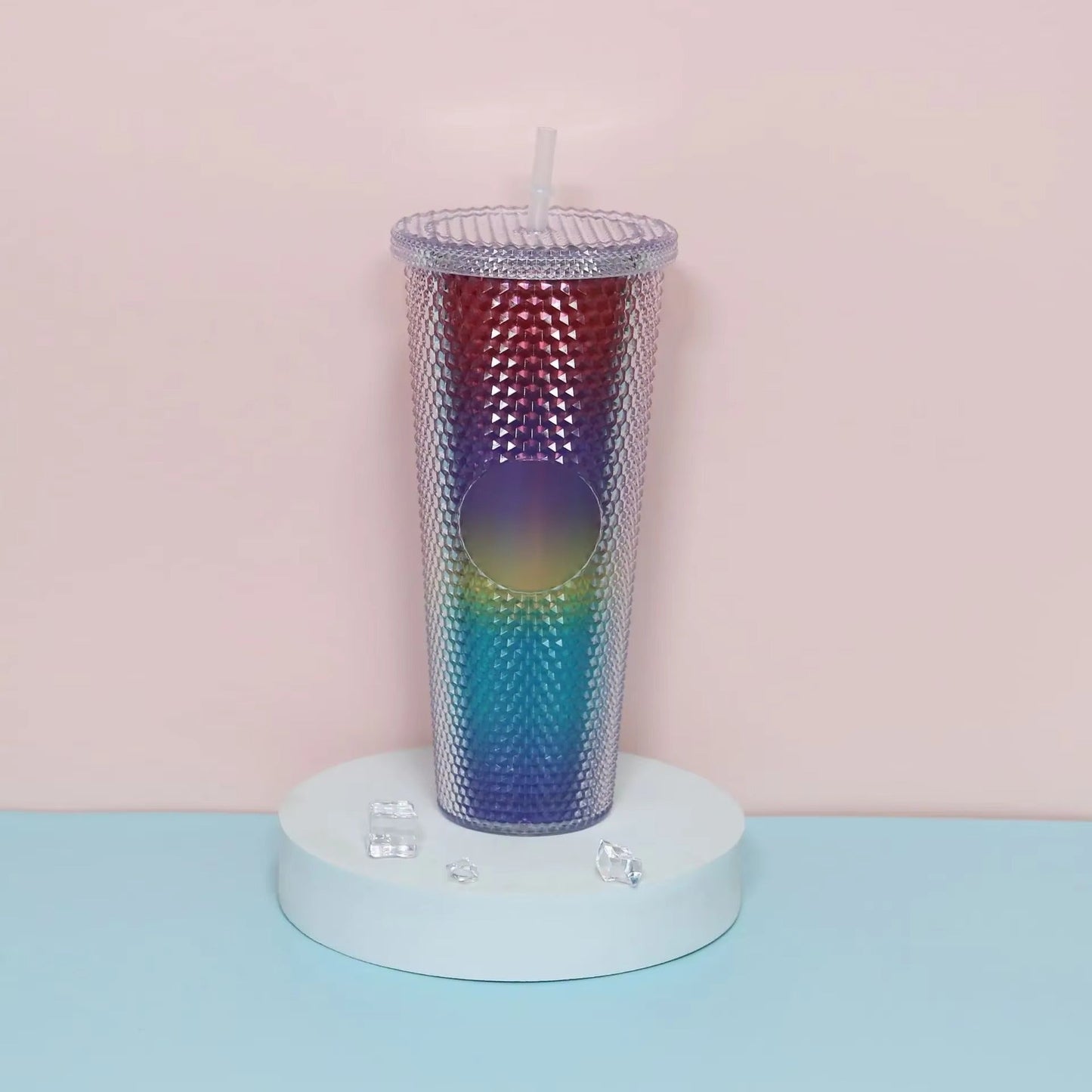 Diamond Pattern Double Layer Plastic Straw Cup with Gradient Color for Outdoor Travel Sports Drinkware Camping Gifts New