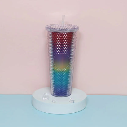 Diamond Pattern Double Layer Plastic Straw Cup with Gradient Color for Outdoor Travel Sports Drinkware Camping Gifts New