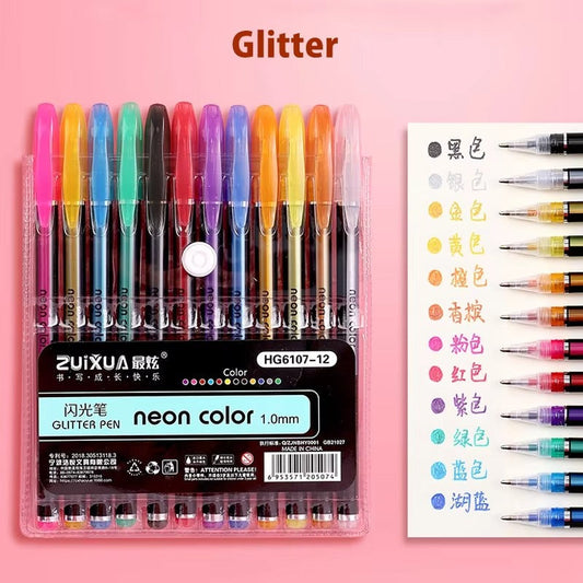 12/24Pcs Metallic Glitter Colors Gel Pens For School Office Adult Coloring Book Journals Drawing Art Markers Promotion Pen