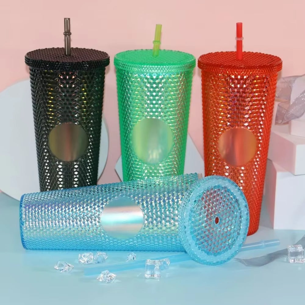 Diamond Pattern Double Layer Plastic Straw Cup with Gradient Color for Outdoor Travel Sports Drinkware Camping Gifts New