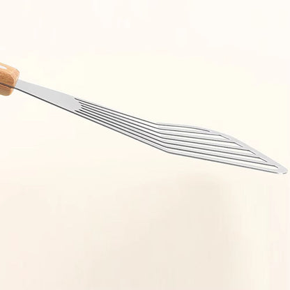 1PC Stainless Steel Fish Frying Shovel with Wooden Handle Fan-shaped Shovel Household High-temperature Frying Shovel