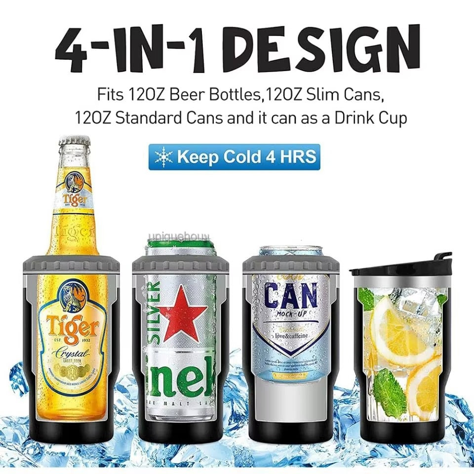 4 in 1 Can Cooler Tumbler for 12 Oz Cans, Slim Cans,and Bottles with Built-in Bottle Opener,Insulated Cool Summer Ice Bottle Cup
