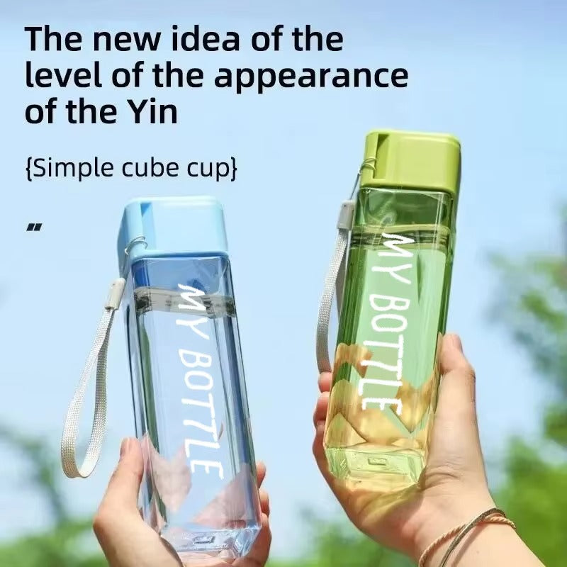 1 Pcs Clear Square Drinking Glass in Mate Plastic Portable Water Bottle with Milk Cable for Outdoor Sports