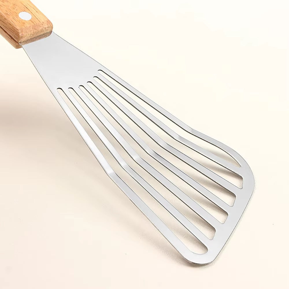 1PC Stainless Steel Fish Frying Shovel with Wooden Handle Fan-shaped Shovel Household High-temperature Frying Shovel