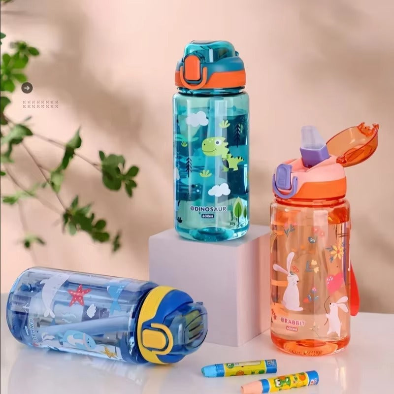 600ml Cute Water Bottle with Silicone Straw Leakproof Dinosaur Rabbit Design