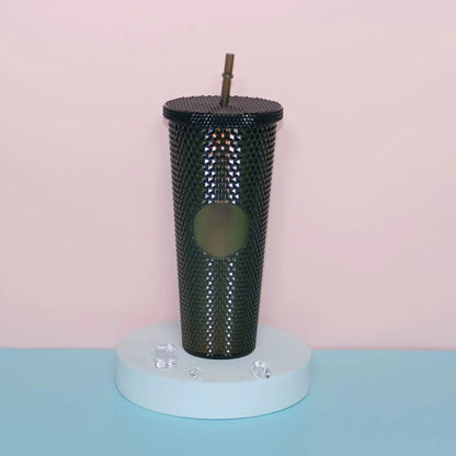 Diamond Pattern Double Layer Plastic Straw Cup with Gradient Color for Outdoor Travel Sports Drinkware Camping Gifts New