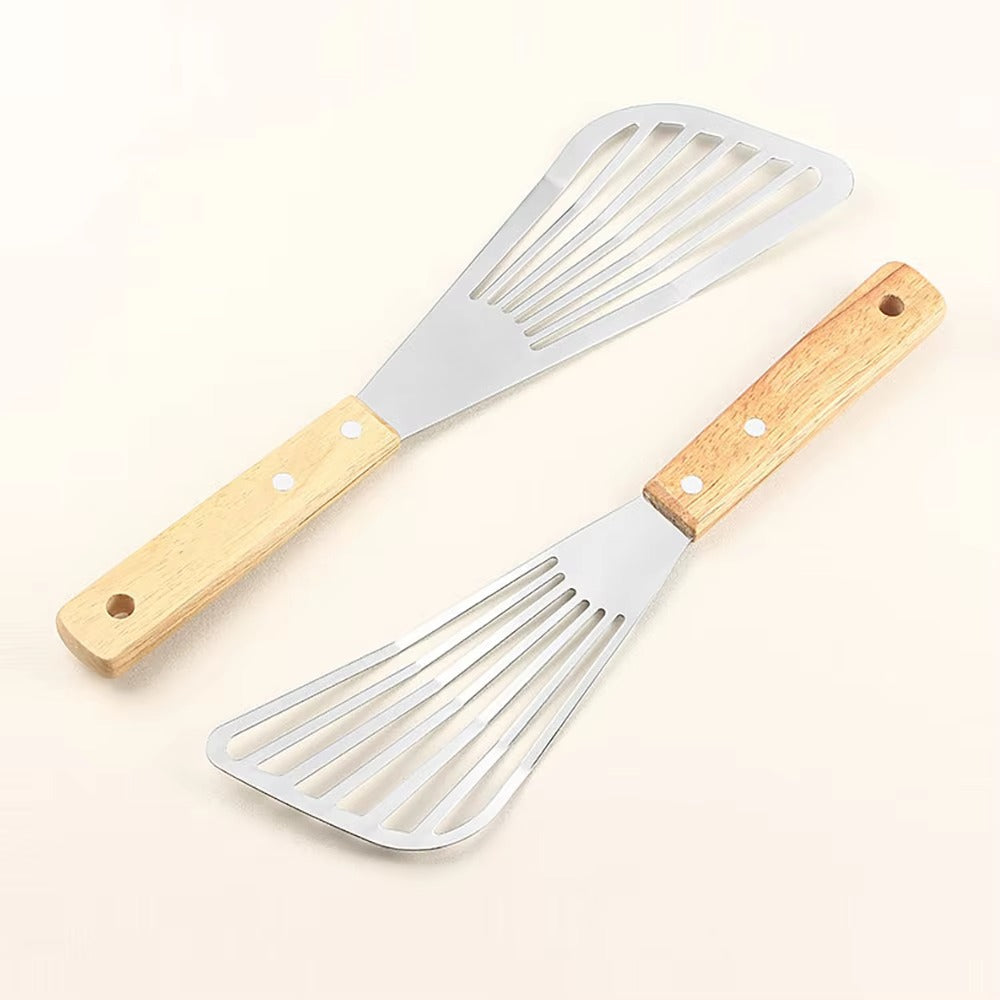 1PC Stainless Steel Fish Frying Shovel with Wooden Handle Fan-shaped Shovel Household High-temperature Frying Shovel