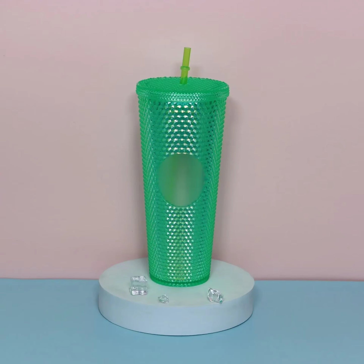 Diamond Pattern Double Layer Plastic Straw Cup with Gradient Color for Outdoor Travel Sports Drinkware Camping Gifts New