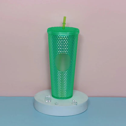 Diamond Pattern Double Layer Plastic Straw Cup with Gradient Color for Outdoor Travel Sports Drinkware Camping Gifts New