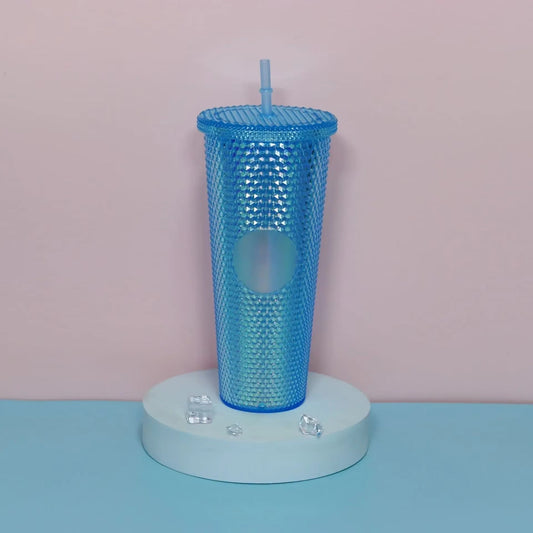 Diamond Pattern Double Layer Plastic Straw Cup with Gradient Color for Outdoor Travel Sports Drinkware Camping Gifts New