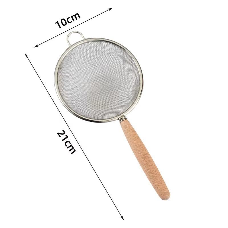 Stainless Steel Mesh Strainer with Wooden Handle, Fine Filtering for Juices, Residues and Flour, Ideal for Home Baking