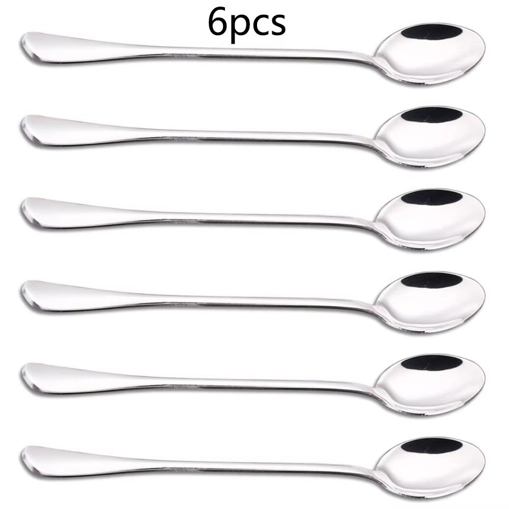 6PC Stainless Steel Coffee Spoon Long Handle Ice Cream Dessert Tea Spoon 19.5x2.8cm For Picnic Drinkware Tableware KitchenSupply