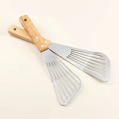 1PC Stainless Steel Fish Frying Shovel with Wooden Handle Fan-shaped Shovel Household High-temperature Frying Shovel