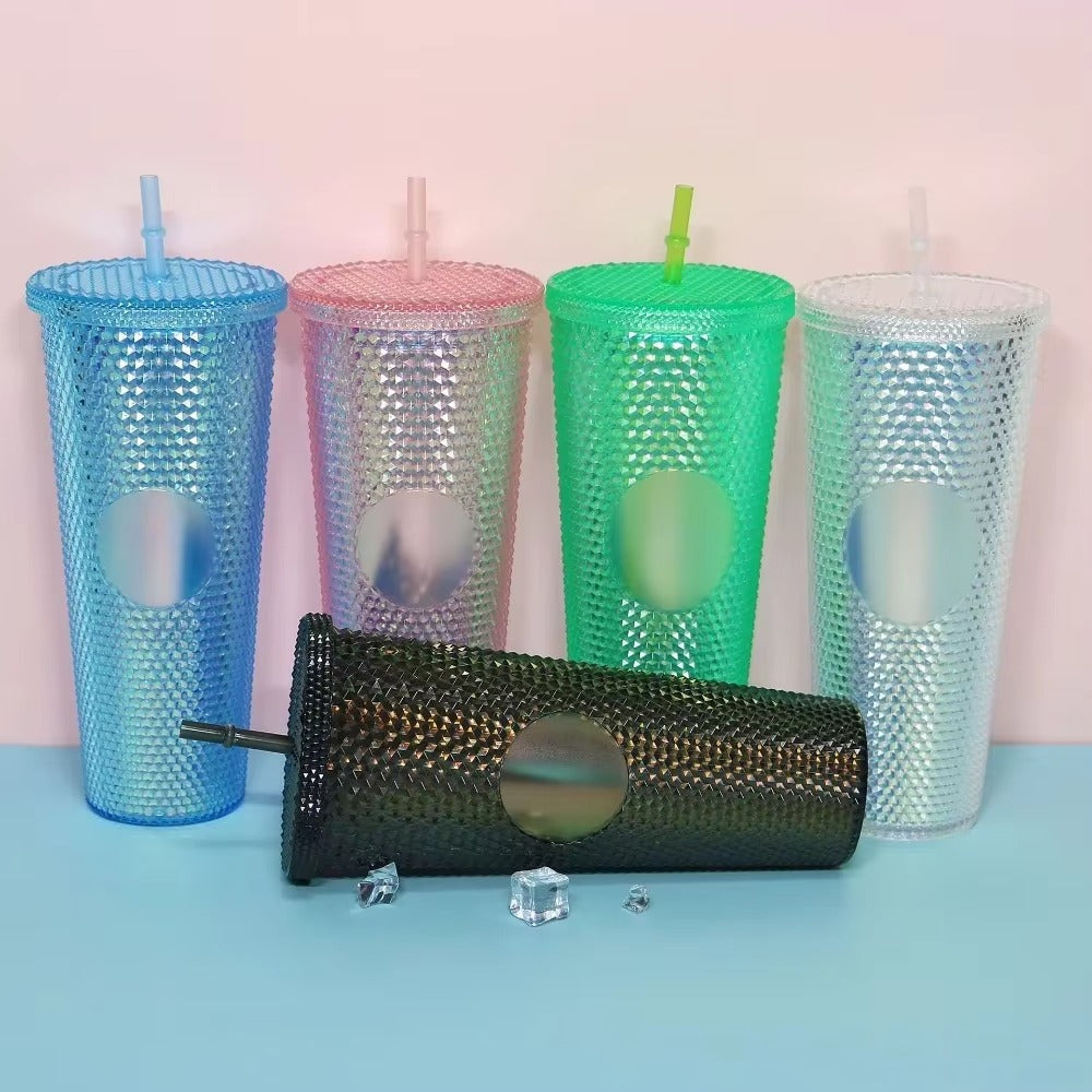 Diamond Pattern Double Layer Plastic Straw Cup with Gradient Color for Outdoor Travel Sports Drinkware Camping Gifts New