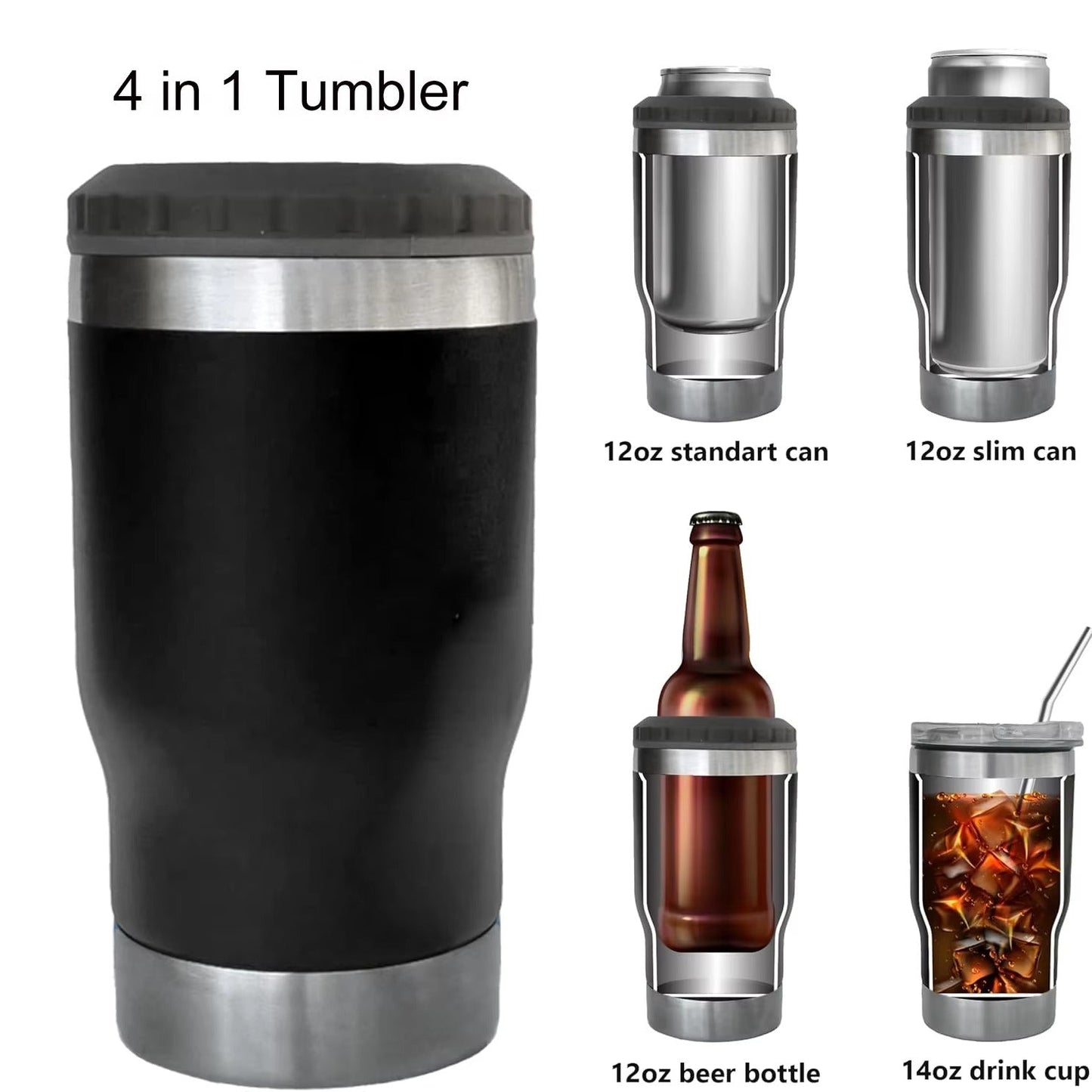 4 in 1 Can Cooler Tumbler for 12 Oz Cans, Slim Cans,and Bottles with Built-in Bottle Opener,Insulated Cool Summer Ice Bottle Cup