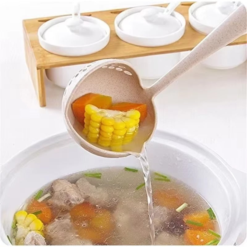 2 in 1 Soup Spoon Wheat Straw Long Handle Soup Spoon Straining Ladle Soup Pan Spoon with Filter Strainer Kitchen Utensils